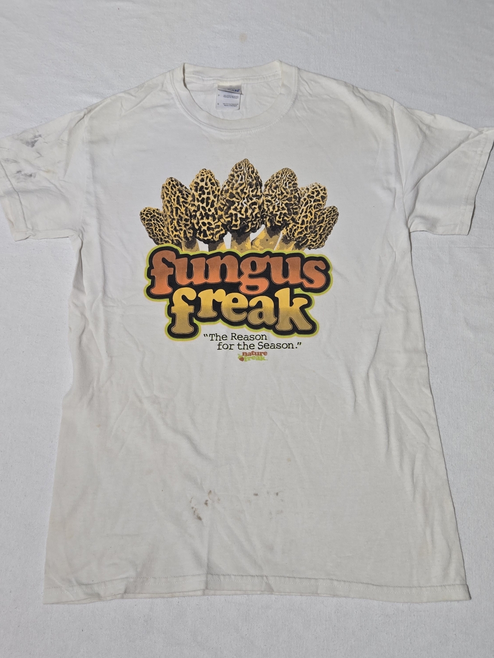 White Tee with Orange and Yellow 'Fungus Freak' Graphic